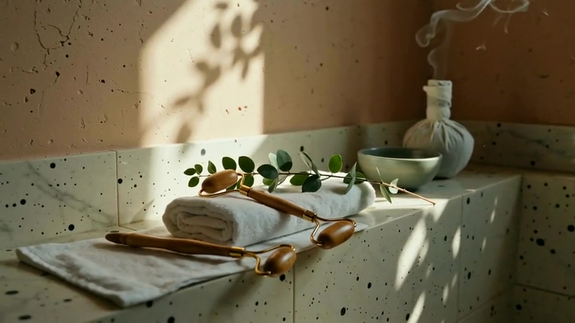 Warm spa still life with wooden tools, linen, eucalyptus, and drifting steam